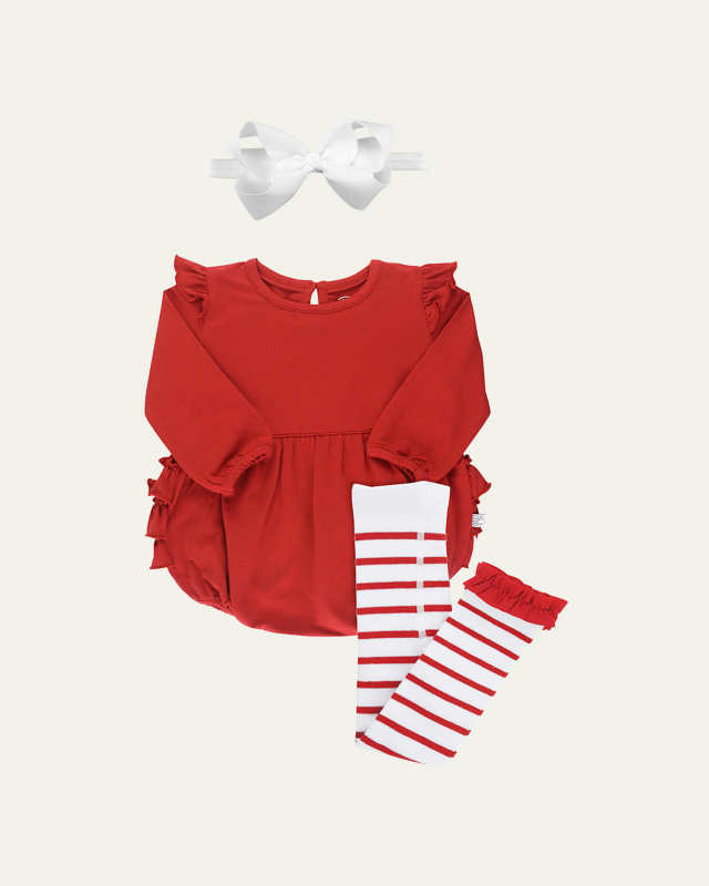 Girl's Ruffle Bubble Romper w/ Striped Tights & Bow Headband